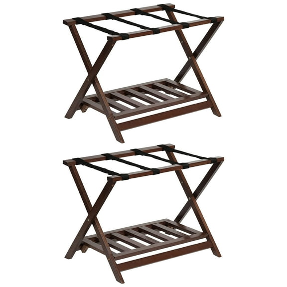PJ Wood Hotel Style Wood Folding Suitcase Luggage Rack w/Shelf, (2 Pack)