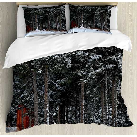 Outhouse Duvet Cover Set, Winter Forest in Snow with Little Barn Lumberjack Shed Art Photo, Decorative 3 Piece Bedding Set with 2 Pillow Shams, Queen Size, Dark Green and White, by Ambesonne