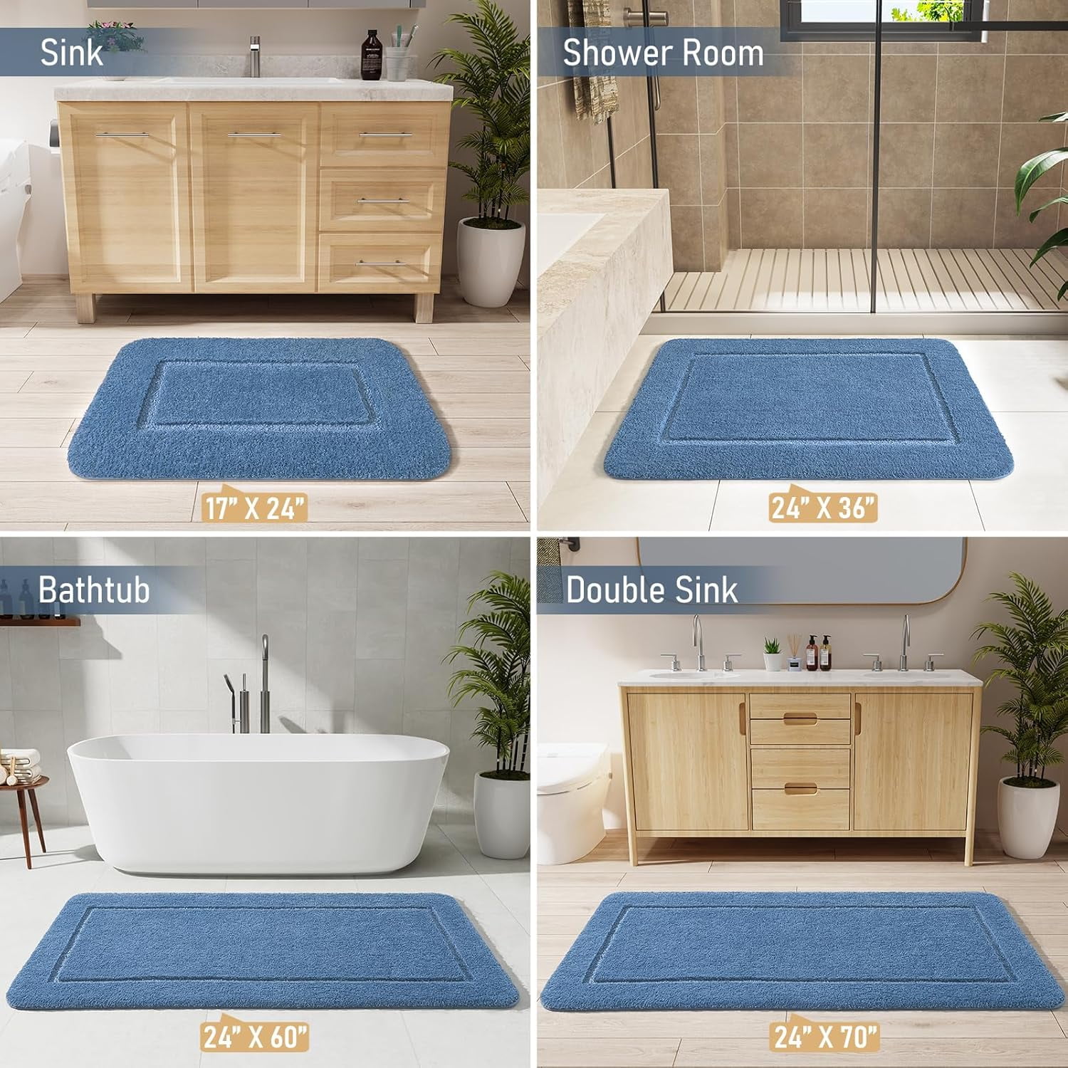 MEC Bathroom Rugs, 24" x 70" Long Bath Rug, Non Slip Washable Bathroom Runner Rug Soft Absorbent Bath Mat for Shower, Shaggy Plush Luxury Large Bath Rug, Blue