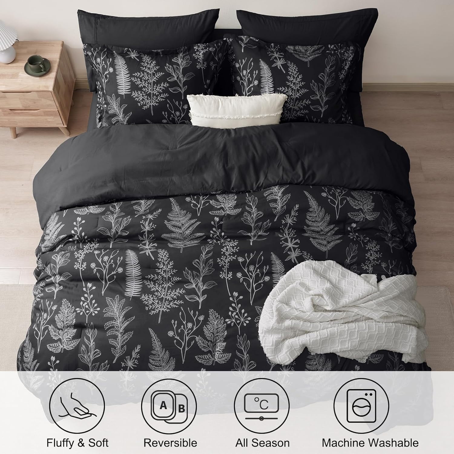 PHF 7 Pieces Printed Queen Comforter Set, Lightweight Reversible Botanical Bedding Set Include Comforter, Pillow Shams, Flat Sheet, Fitted Sheet and Pillowcases, Black