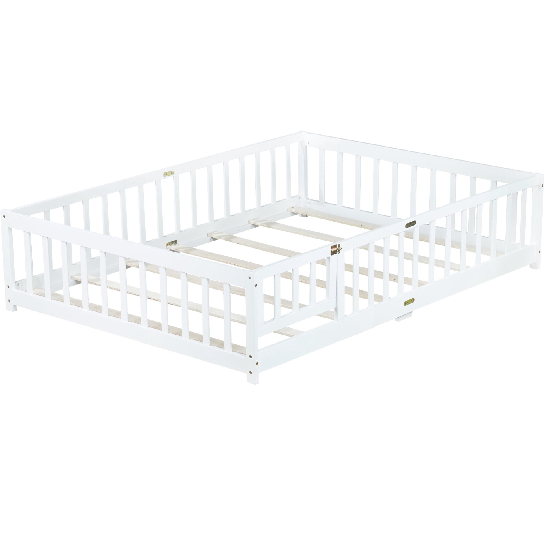 Alvantor Full Size Montessori Floor Bed for Kids with Door and Fence, Rubber Wood Toddler Platform Bed Frame, No Box Spring Needed, White