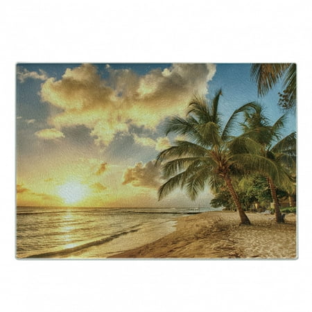 

Beach Cutting Board Tropic Sandy Coast Horizon at the Sunset and Coconut Palm Trees Summer Photo Decorative Tempered Glass Cutting and Serving Board Small Size Cream Blue by Ambesonne