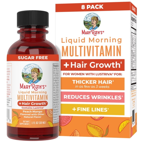 MaryRuth's Liquid Morning Multivitamin   Hair Growth with Lustriva for Thicker Hair, Reduced Wrinkles, Adults Ages 18  8-pack Travel Pack, 1 fl oz