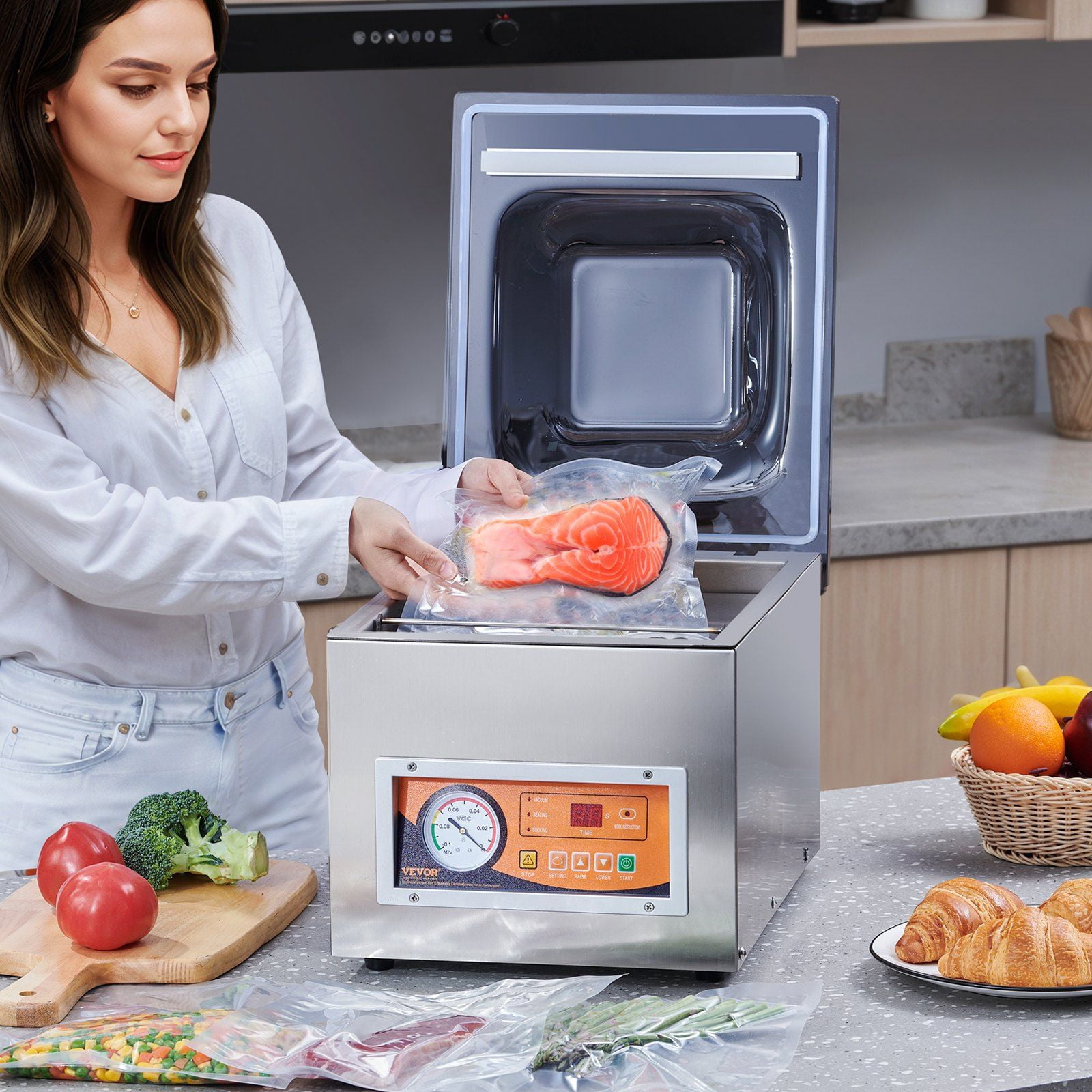 Chamber Vacuum Sealer, 260W Sealing Power, Vacuum Packing Machine for Wet Foods, Meats, Marinades and More, Compact Size with 10.2" Sealing Length, Applied in Home Kitchen and Commercial Use