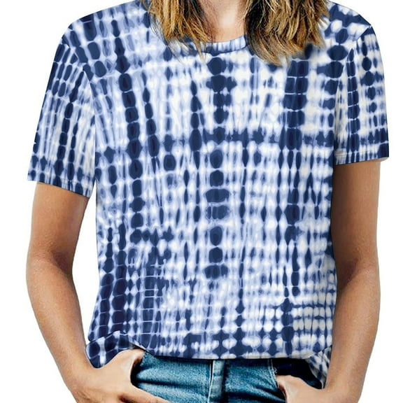 Big Size Blue Tie Dye T-Shirts Vintage Print Casual T Shirt Short Sleeves Women Trendy Tshirt Beach Graphic Top Tees