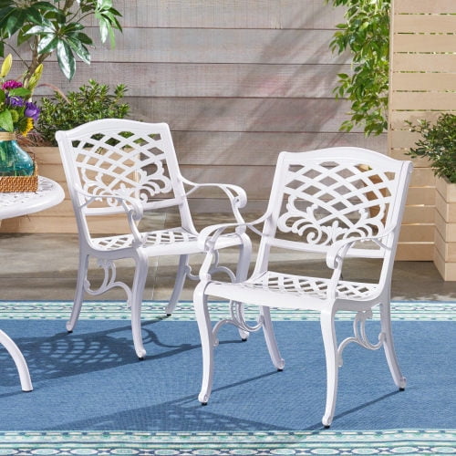 Traditional Cast Aluminum Outdoor Dining Arm Chairs Set of 2 with Floral Accents, White