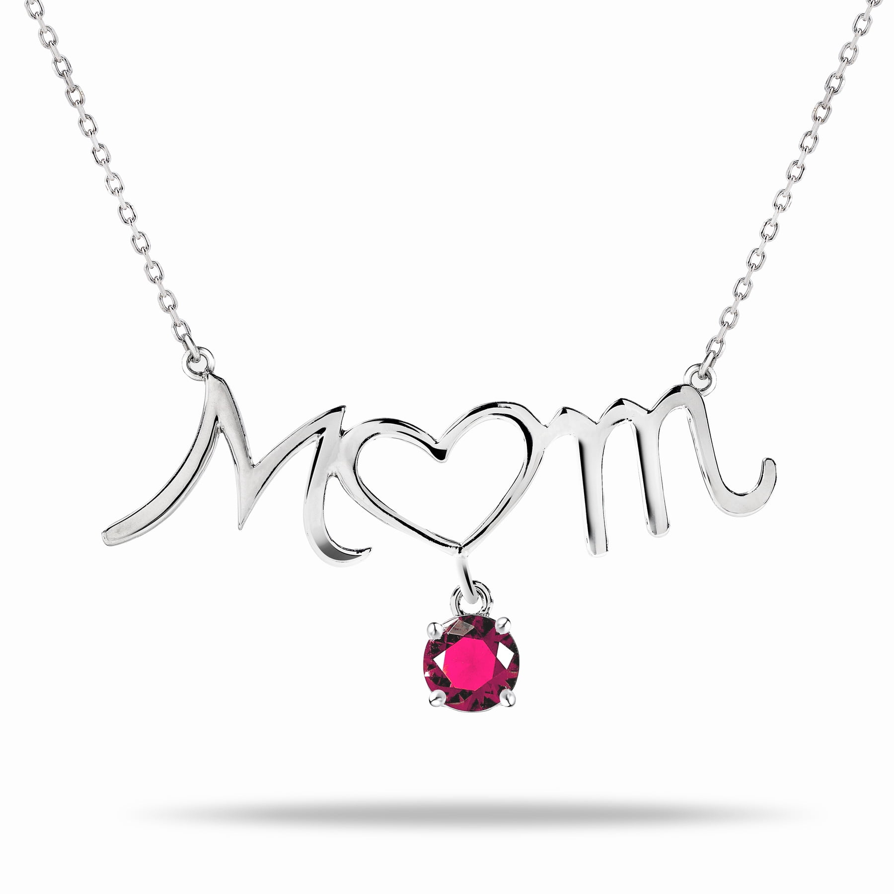 JeenMata Mom Heart-Shaped O with Hanging Red Stone Pendant Necklace in 18K White Gold over Silver - January Birthstone - Necklace for Mom