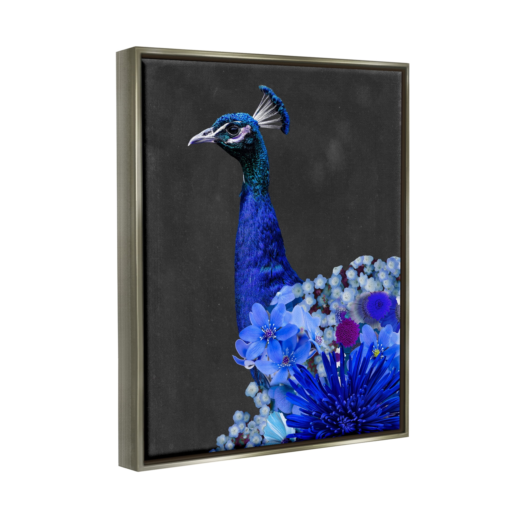 Stupell Industries Vibrant Blue Floral Peacock Animals & Insects Painting Gray Floater Framed Canvas Art Print Wall Art, 25 x 31