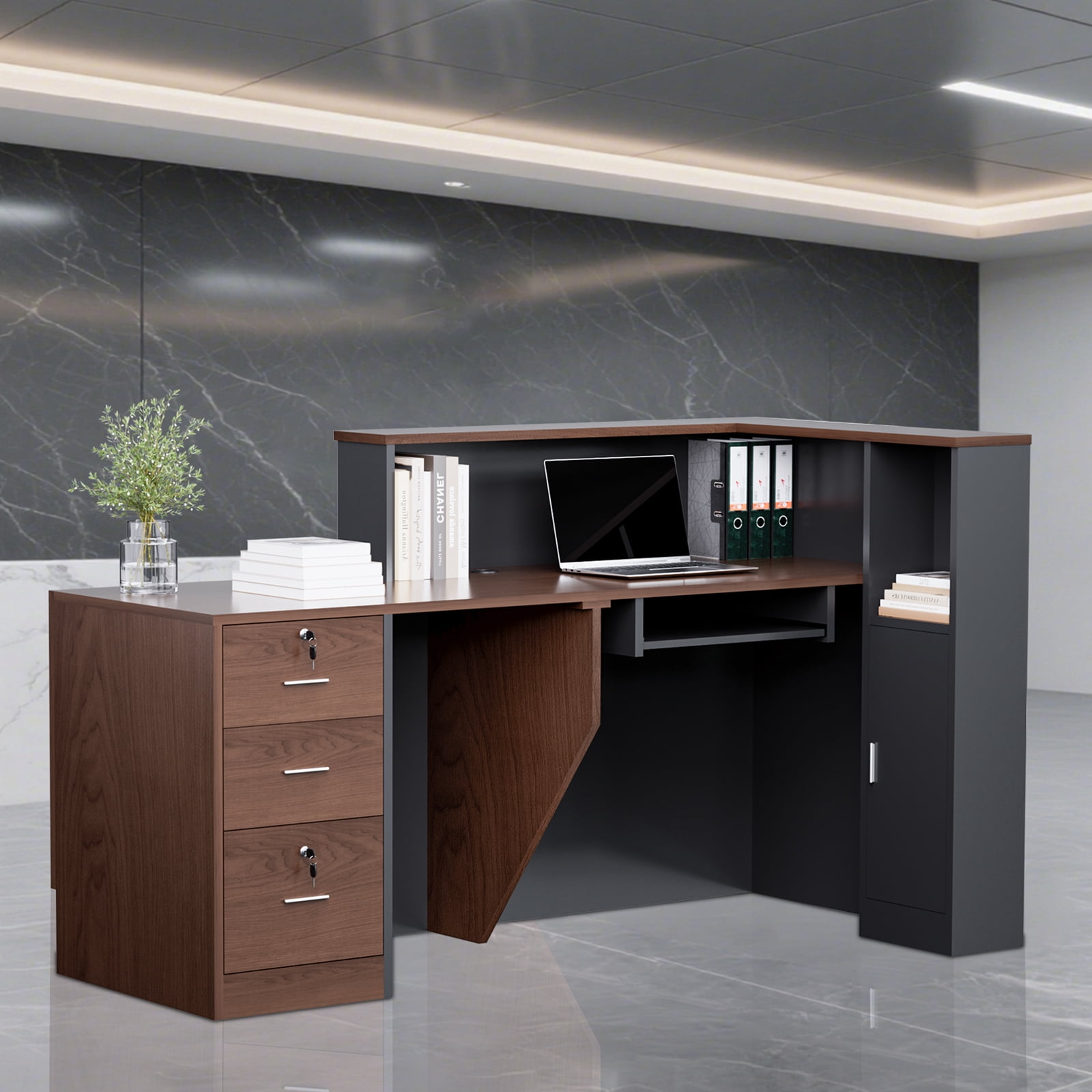 Vakiorn Reception Desk L Shaped Lockable Drawers Keyboard Tray Front Counter Table for Office Salon Lobby Walnut Right 71 inch