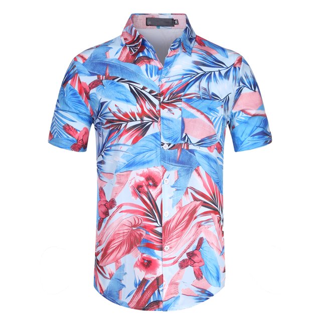 Lars Amadeus Camisas hawaianas de playa con botones y manga corta con estampado tropical de verano para hombre Azul rosado S