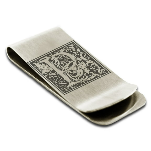 Tioneer Stainless Steel Letter P Initial Floral Box Monogram Engraved Engraved Money Clip Credit Card Holder