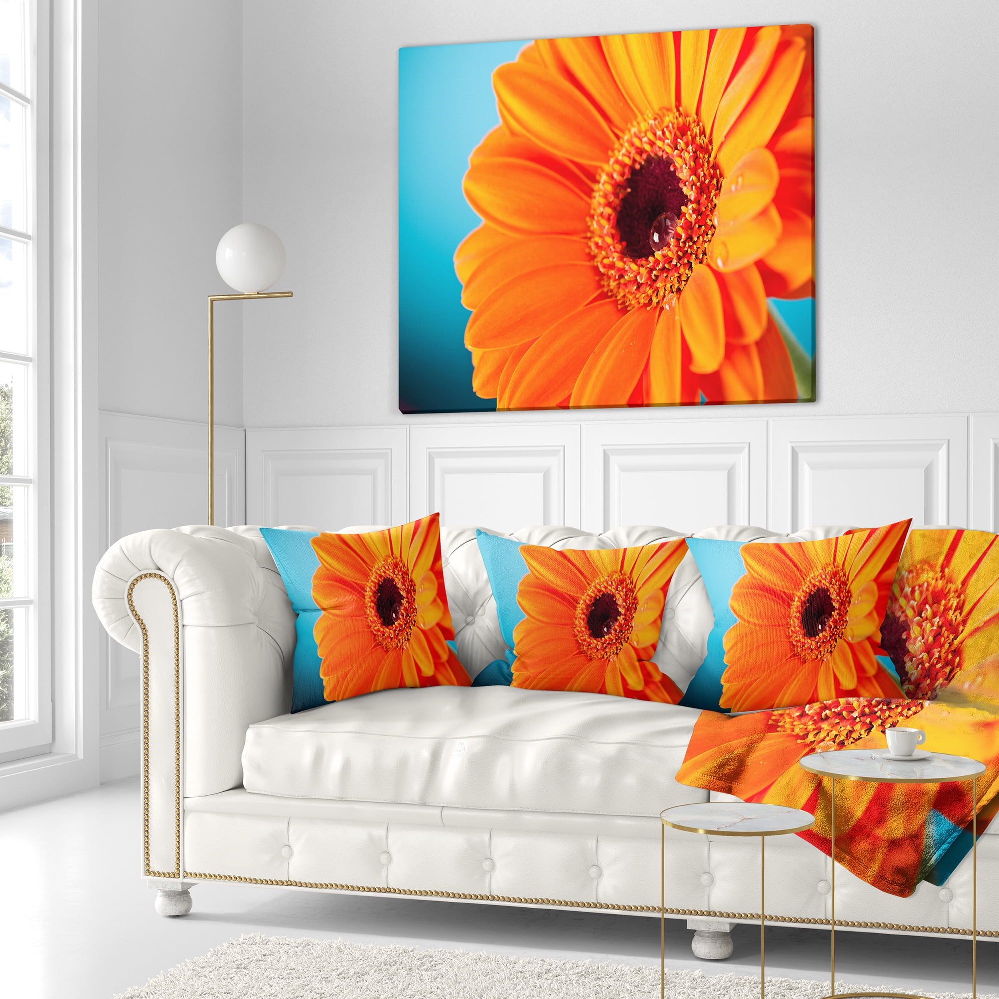 Designart Orange Daisy Gerbera Flower Close up - Flowers Throw Pillowwork - 18x18