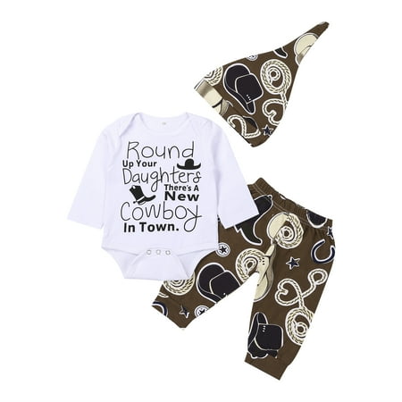 

Fanvereka Infant Baby Clothing Sets Cowboy Long Sleeve Romper+Long Pants+Printed Hat 3 Pieces Suit