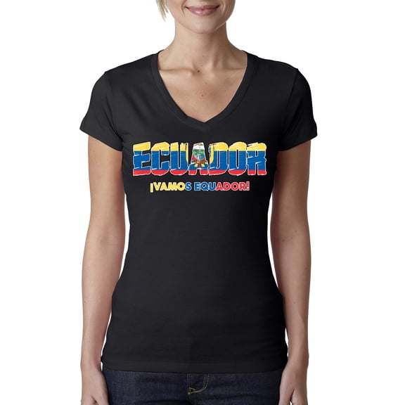 Wild Bobby Ecuador Flag Pride Graphic Vamos Ecuador Coat of Arms | Unisex Novelty Graphic T-Shirt | Soccer Football Fan Gift for Men Women Junior Fit V-Neck Tee