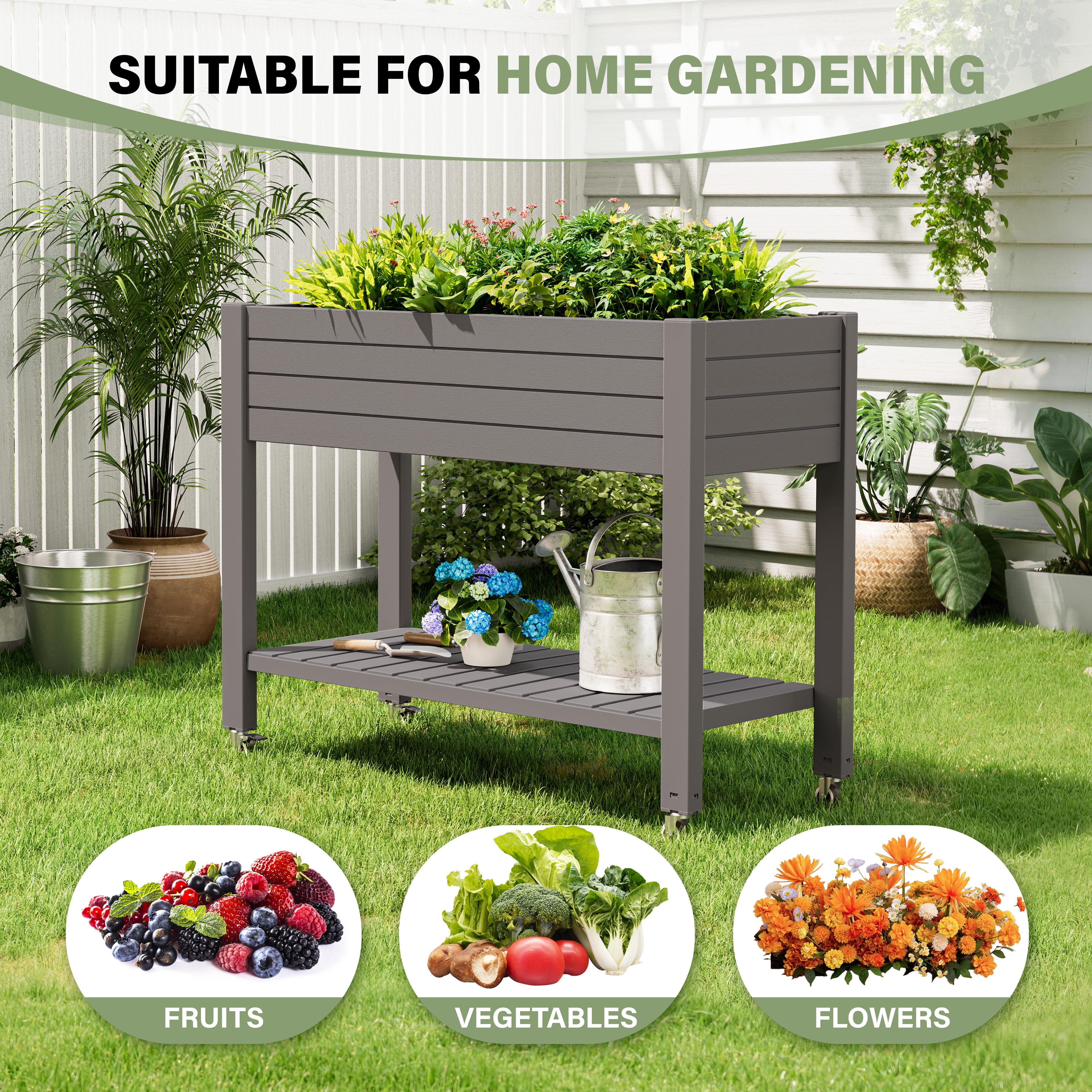 Bifanuo Raised Garden Bed with Wheels - Outdoor Elevated Planter with Weatherproof Resin, Effective Drainage for Backyard, Patio and Balcony, Gray