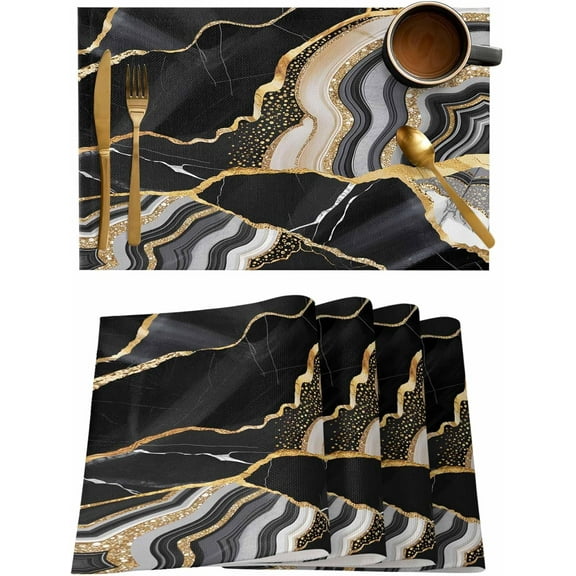 Marble Texture Placemats Set of 6, Black Gold Abstract Crack Cotton Linen Table Mats Non-Slip Washable Black Gold Marbling Print Placemat for Holiday Banquet Dining Kitchen Table Decor