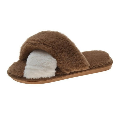 

Catinbow Women＇s Cross Band Slippers Color contrast Soft Plush Furry Shoes