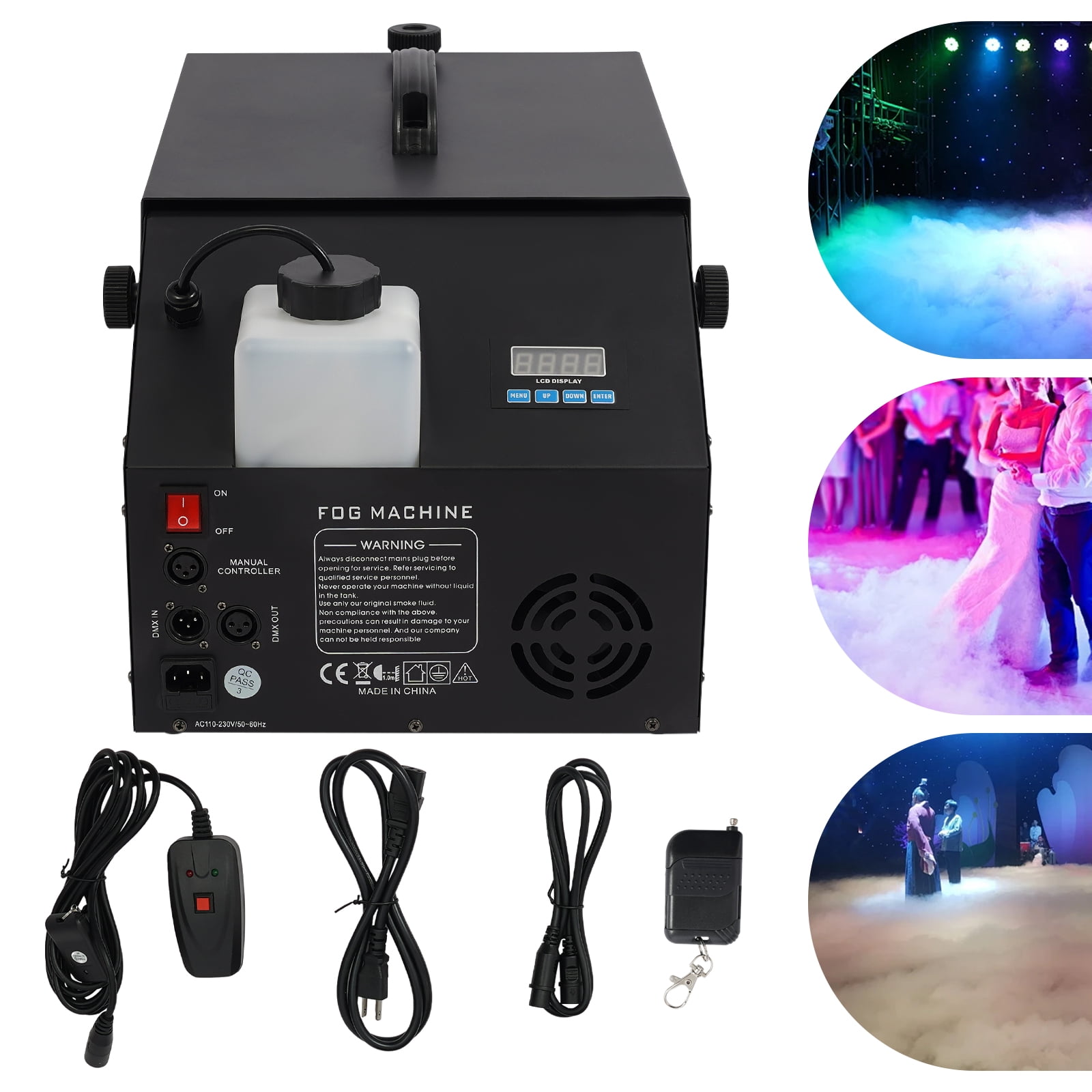1200W Low-Lying Fog Machine, Iron Material Black Finish, 110V US Plug. 4 Control Modes (Manual/Wire/Remote/DMX), 80-100㎡ Smoke Coverage, Ideal for Stages & Weddings