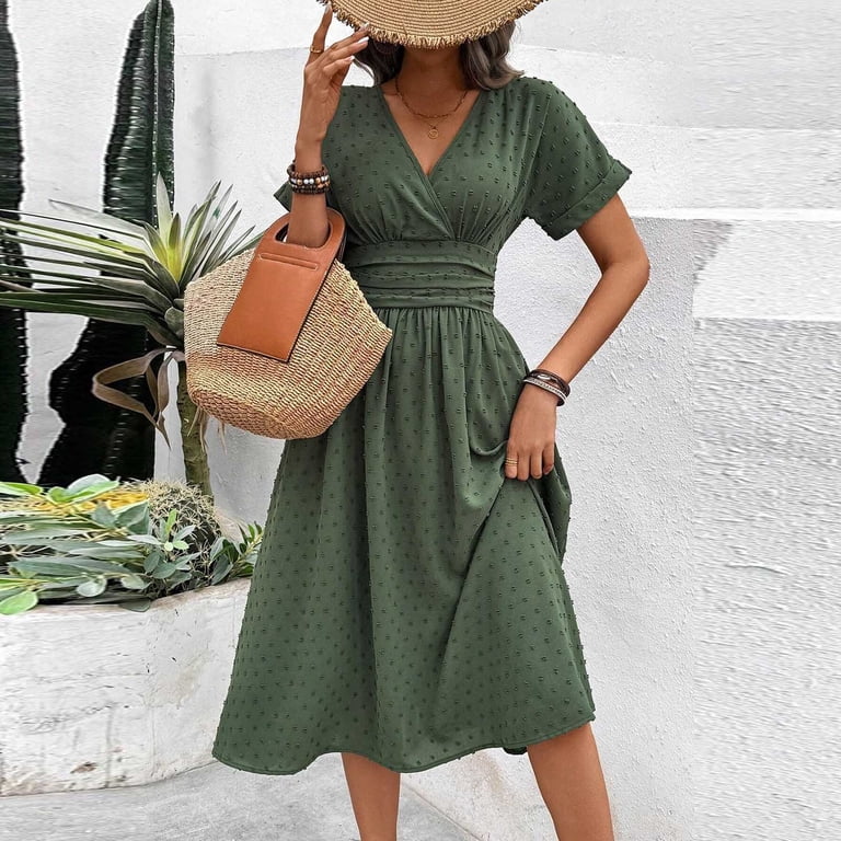 short wrap dress wedding guest Blmnix Wedding Guest Women Dress Wrap Dress Shift Under Dress Crew Neck Short Sleeve Midi Dresses Summer Dress for Women,XXL