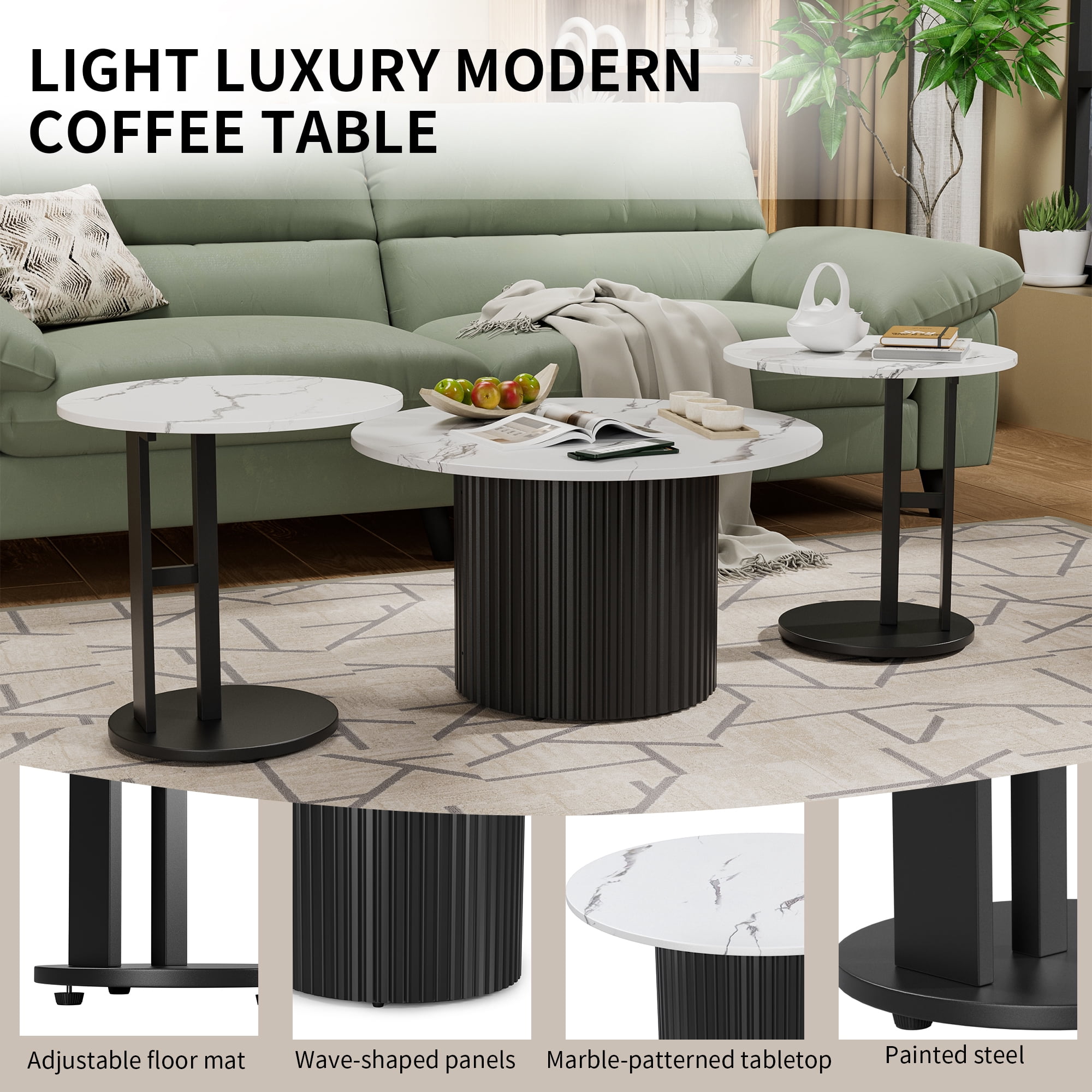 Astoutdoor Coffee Table Set of 3, Modern Nesting Tables with Faux Marble Top and Metal Legs, Round Coffee & Side Tables with Ribbed Design for Living Room, Small Space Apartment