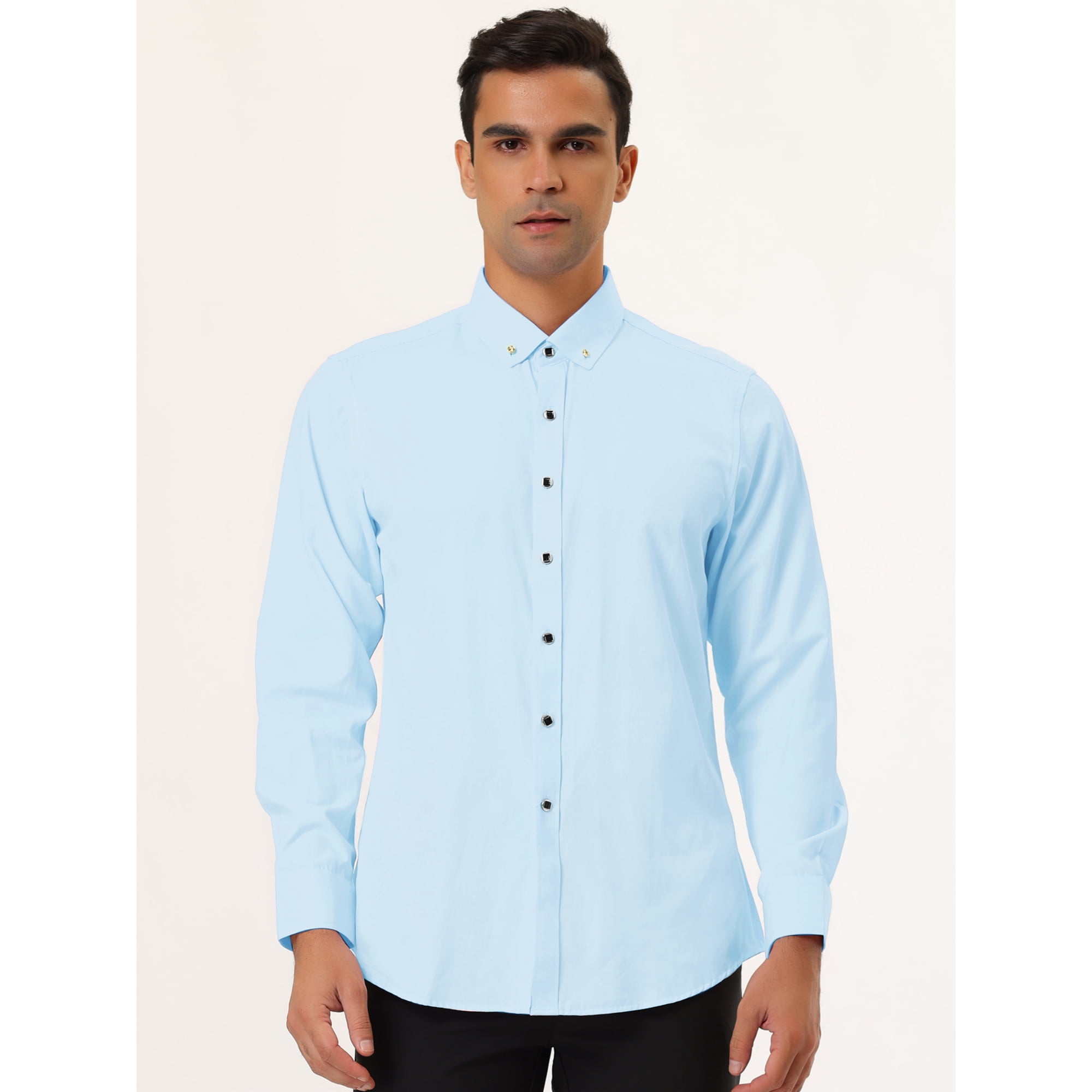 Unique Bargains Men s Business Slim Fit Solid Color Button Down Long Sleeves Dress Shirt Light Blue S Other