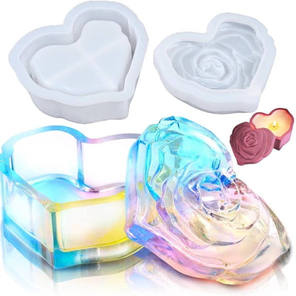 Heart Resin Mold with Rose Lid Epoxy Resin Storage Box Casting Molds DIY Jewelry Trinket Candy Container Silicone Mold Concrete Cement Plaster Planter Candle Vessel Craft Silicone Molds