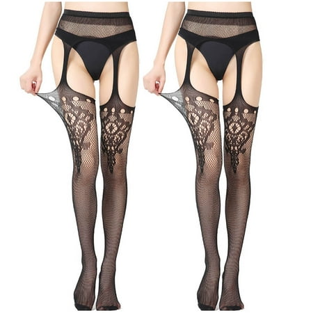 Mikilon 2PC Women Sexy Lace Leggings Pants Fishnet Netting Stockings Lingerie Transparent Hollow Out Hanging Stockings