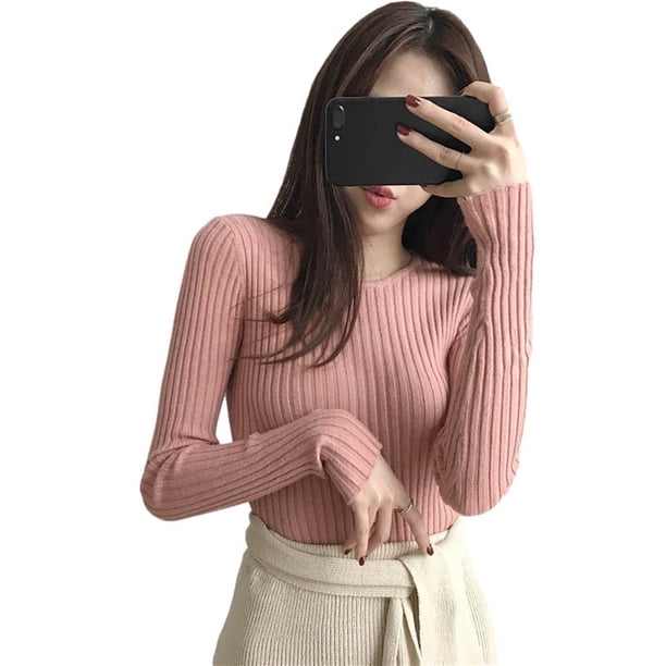 Suéter de punto para mujer, cuello redondo, manga larga, delgado, color sólido, top, rosa Speravity AP001441-02