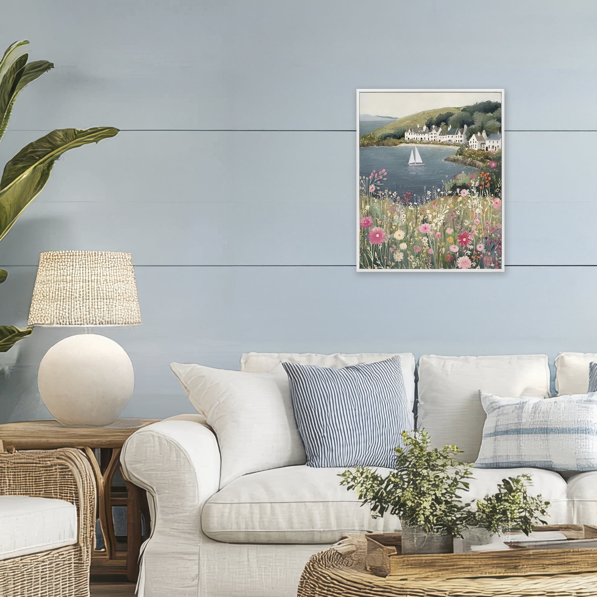 Stupell Industries Clifftop Meadow & Sailboat White Framed Giclee Art, design by Riley B