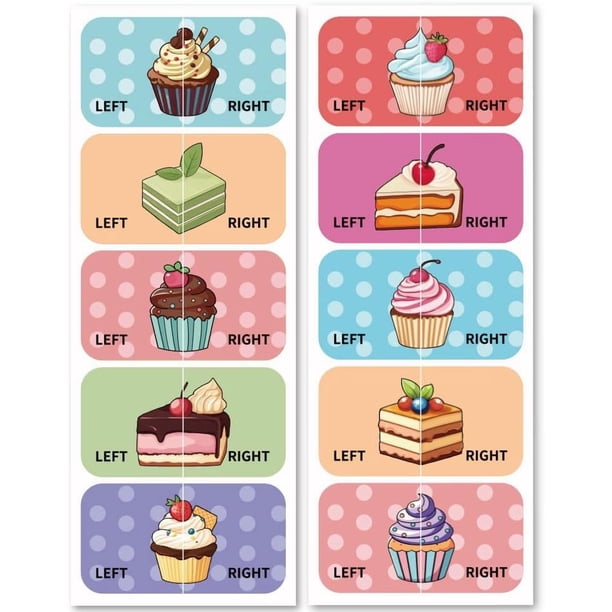 Pegatinas para zapatos - 100 unidades (50 pares) autoadhesivas, con temática de pastel, para aprender a usarlas izquierda y derecha.