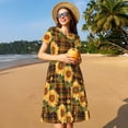 thumbnail image 4 of Naloa Yellow Black Plaid Sunflower Print Womens Summer A-Line Dress with Pockets,Short Sleeve Dresses,Flowy Beach Swing Dress for Vacation Travel, 4 of 6