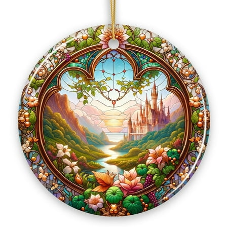 Castle Art with Lush Forest Stained Glass Style Ceramic Ornament, Christmas Gift and Decor