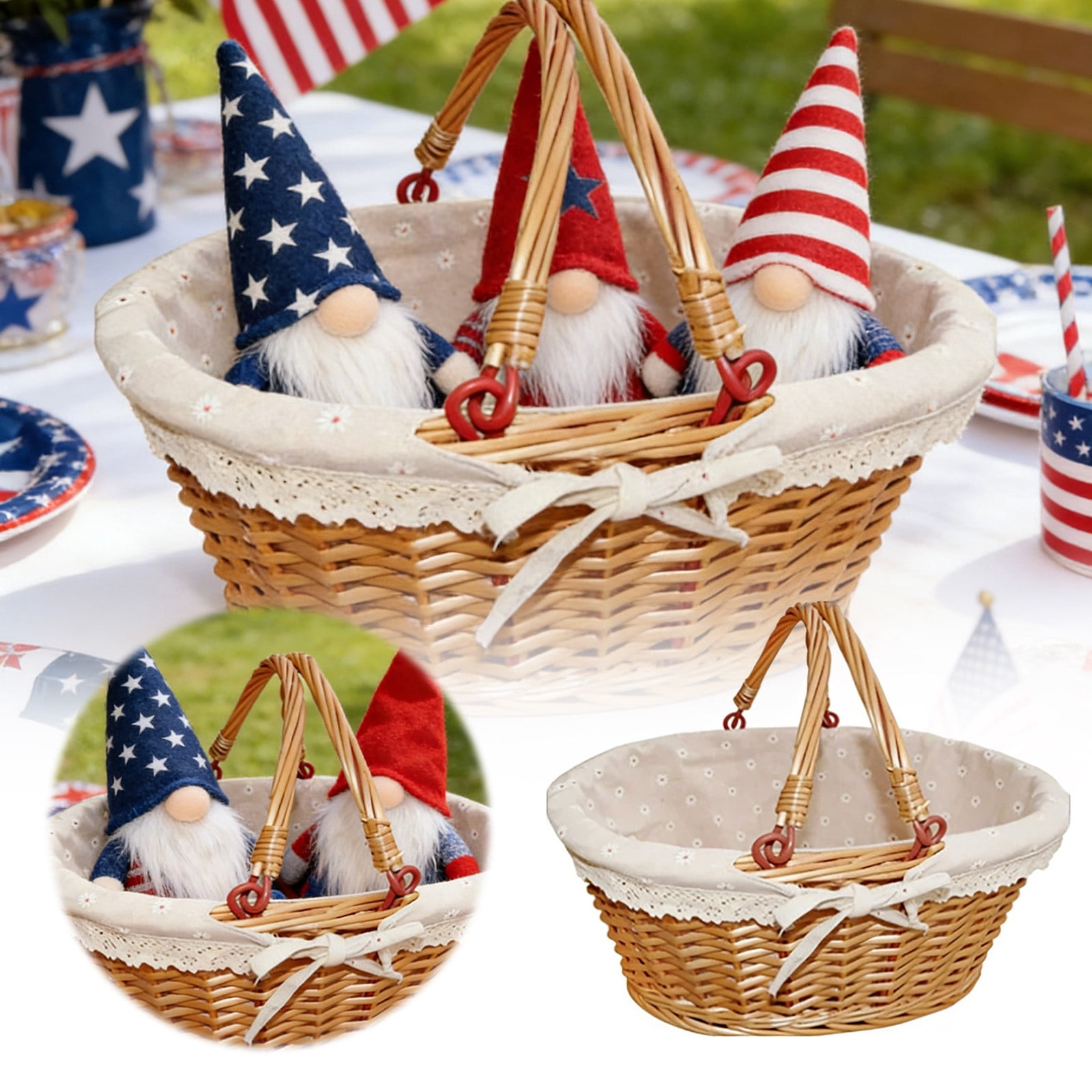 Handwoven Wicker Picnic Basket With White Liner & Handle Decorative Storage Basket For 4th Of July Easter Wedding Grocery Shopping