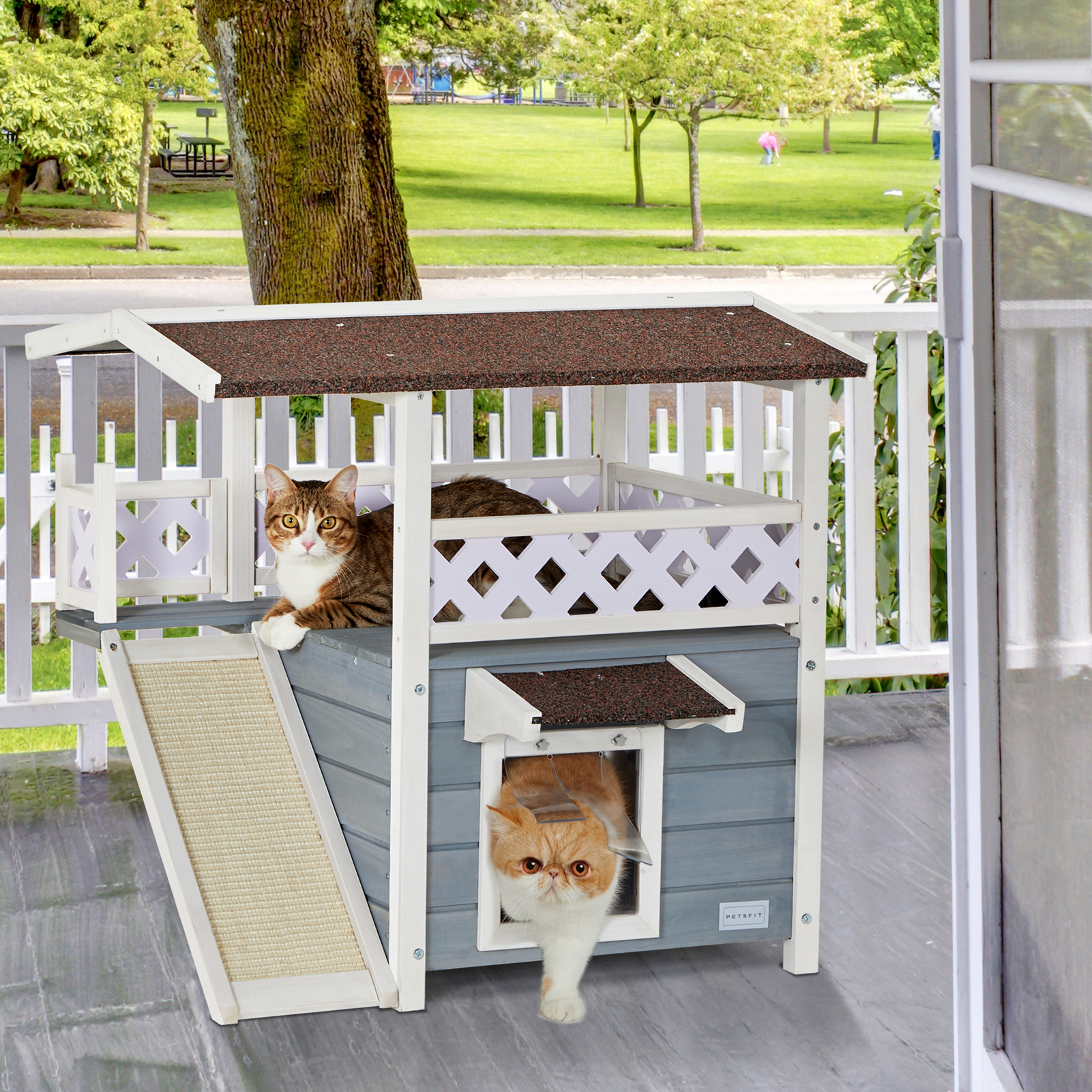 Petsfit Durable Roof Cat House Outdoor Weatherproof with Scratching,30"D x 22"W x 29"H,Gray