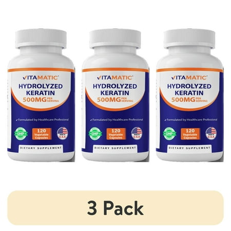 (3 pack) Vitamatic Hydrolyzed Keratin 500mg per Serving - 120 Vegetarian Capsules - Keratin Supplements for Healthy Hair Skin & Nails for Adults