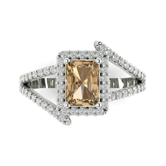 1.935 ct Emerald Cut Simulated Champagne Diamond Halo Engagement Ring for Women in 14K White Gold