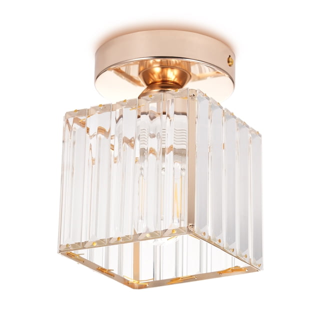 Mistaha Modern Minimalist Crystal Flush Mount Ceiling Light Fixture for Balcony Hallway Foyer Entryway Closet, Gold Square Design, E26 Socket, Iron and Crystal Material, 110-240V, Black/Gold Color