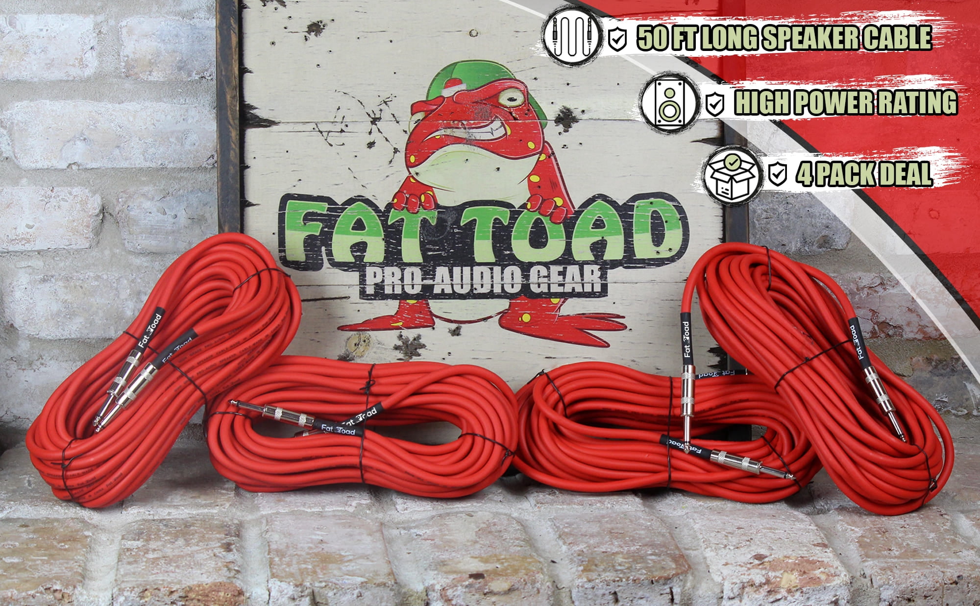 50FT DJ Speaker Cables (4-Pack) by FAT TOAD | 1/4-Inch 12 AWG Male Jack Pro Audio Red Patch Cords for Amp, PA Studio Recording & Stage Gear
