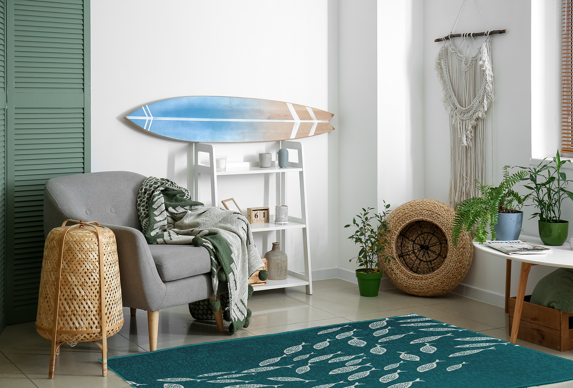 Simply Daisy 4' x 6' Escuela Nautical Chenille Rug, Ocean Teal