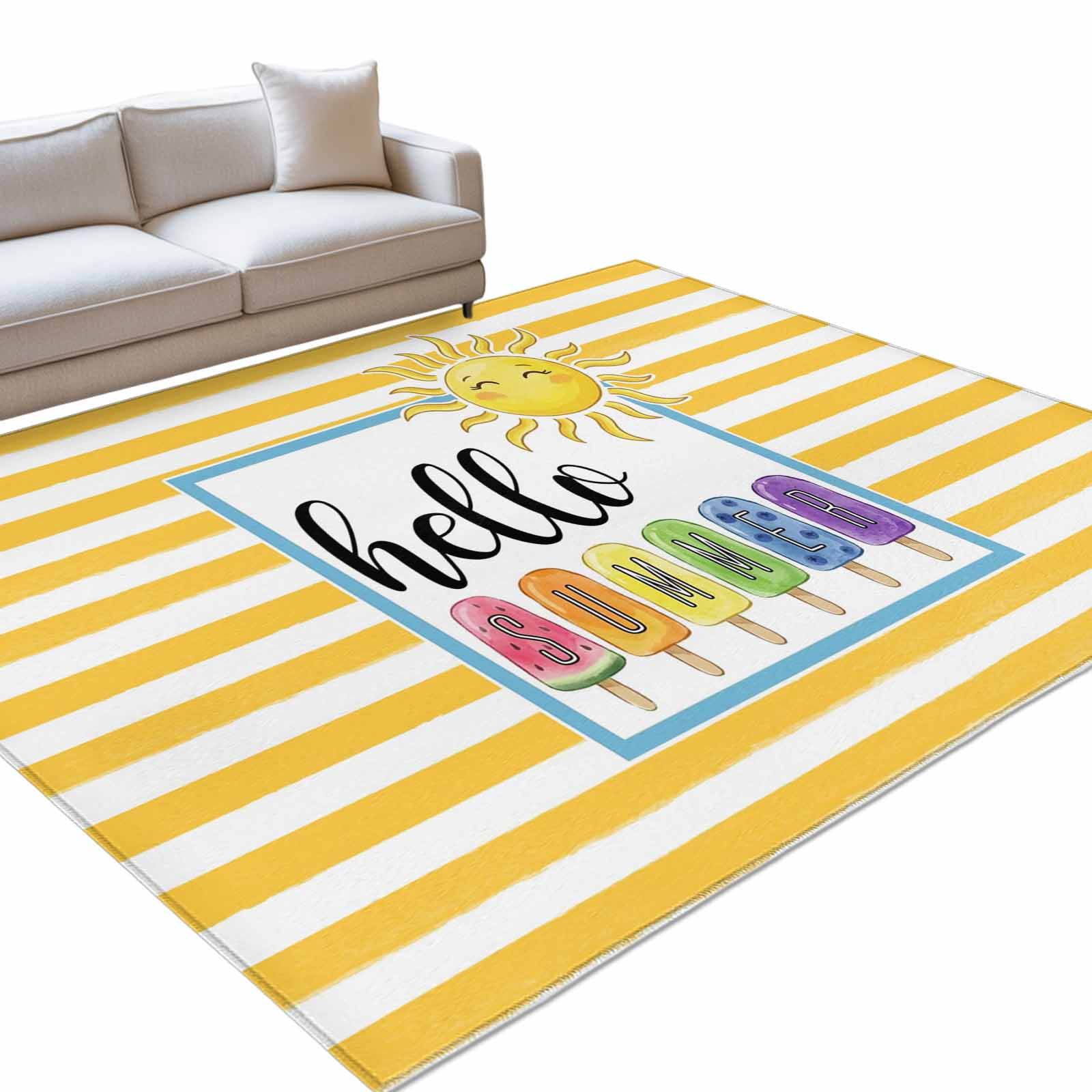 Area Rug 3x5ft Hello Summer Sun Watermelon Purple Blue Washable Rugs for Living Room Bedroom Yellow Stripes Soft Non-slip Area Rugs Rectangle Floor Carpet for Dining Room