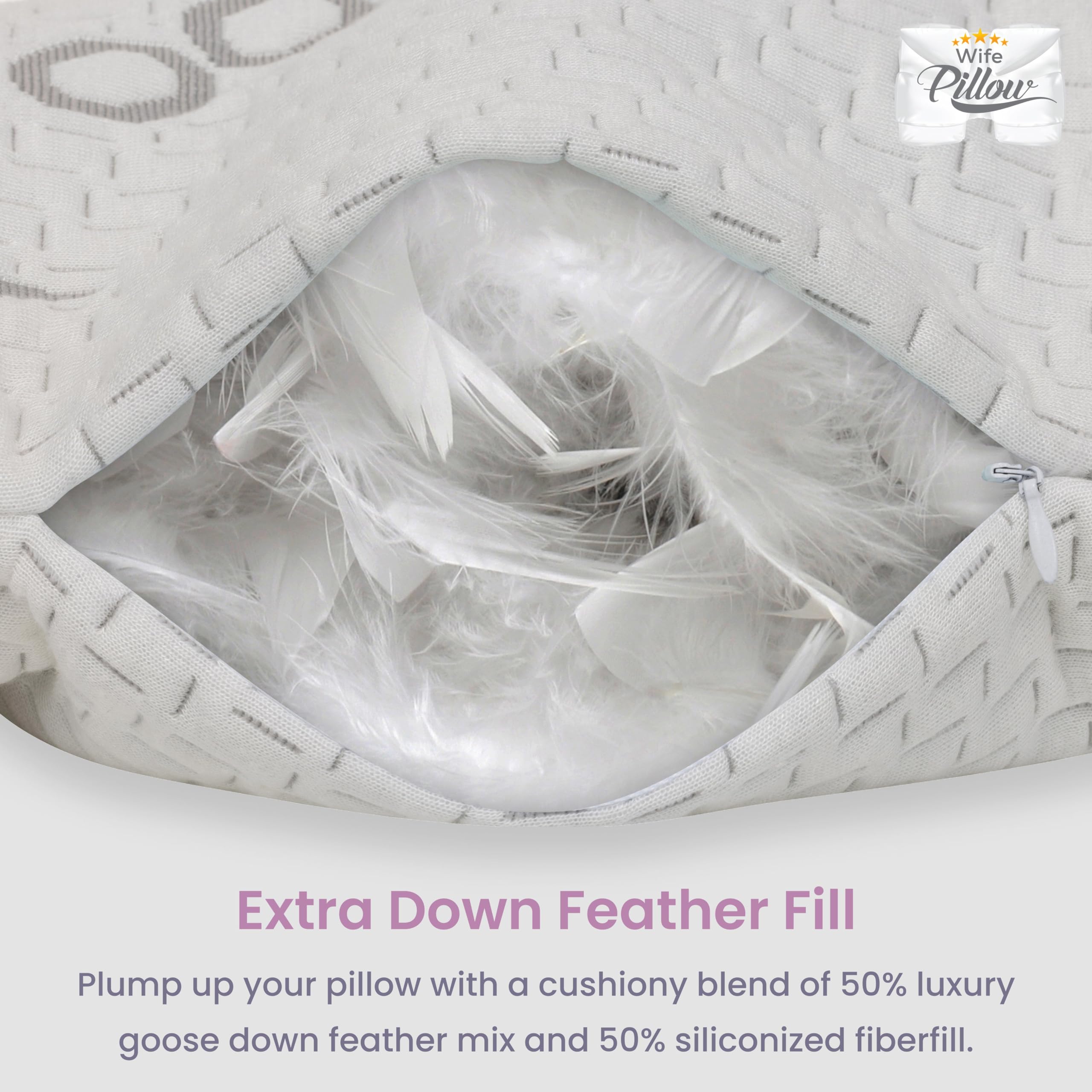 Wife Pillow - 50/50 Feather-Fiberfill, 1 LBS Extra Bag of Stuffing, Hotel Style Blend: White Goose Down Feather w/Siliconized Fiberfill Customize Comfort & Support. Filling: Super - Soft
