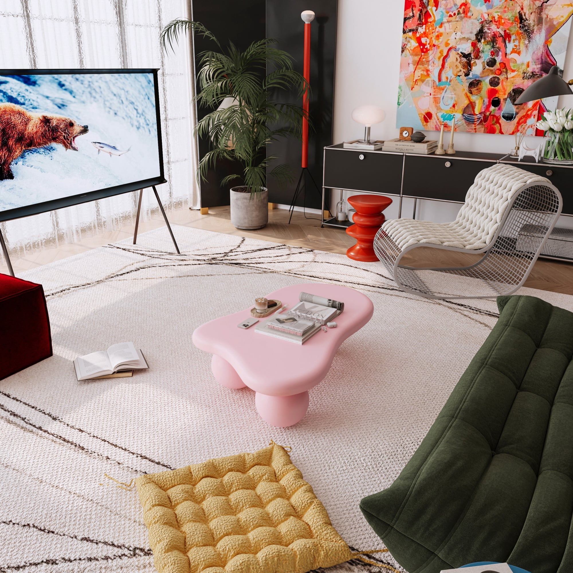 40'' Cloud Shaped Coffee Table, Modern Round Edge Coffee Table with 3 Sturdy Ball Legs, Irregular Center Table Tea Table for Living Room Apartment Office