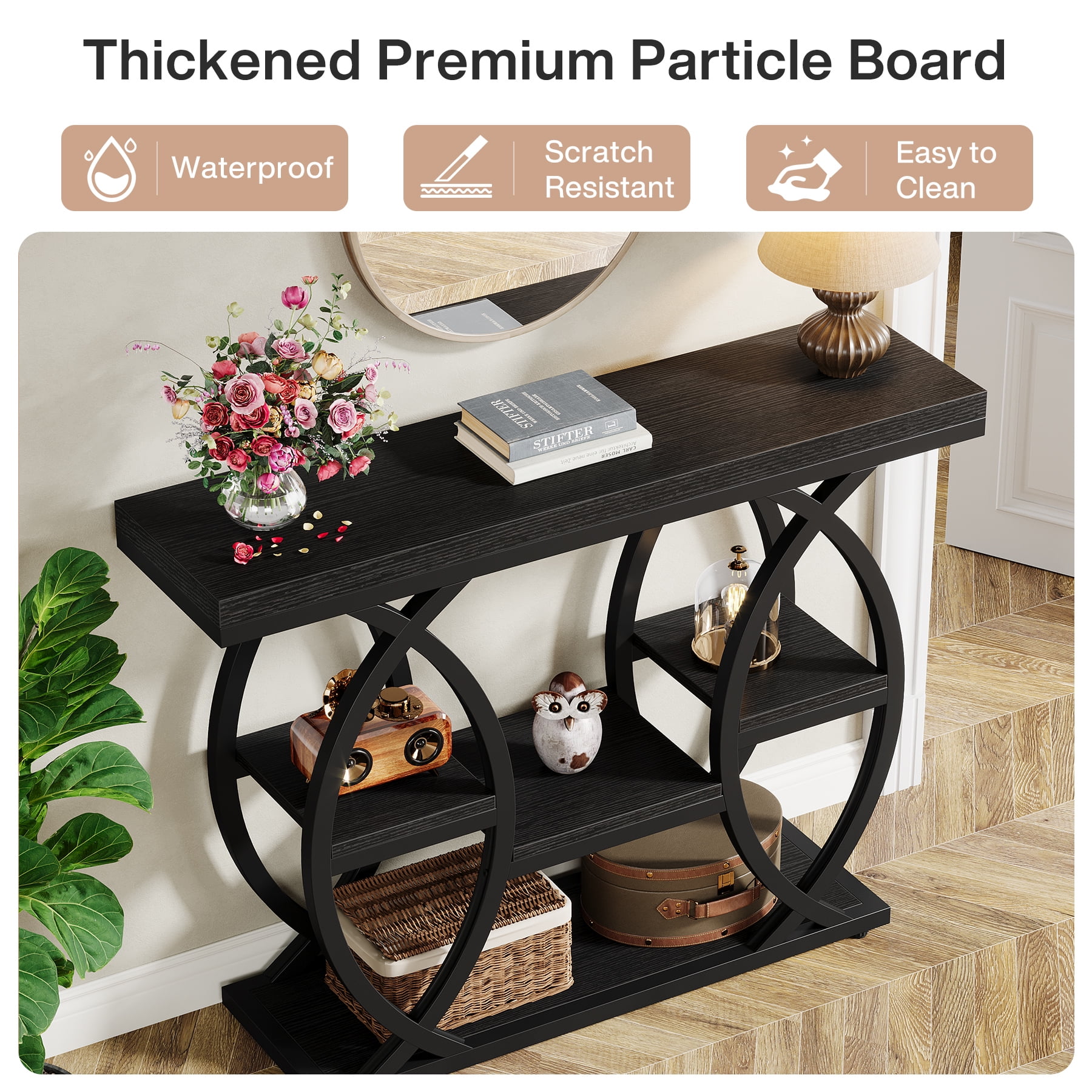 Fnova 39.4" Industrial Console Table, 4-Tier Retro Staggered Storage Shelves, Narrow Wood Accent Table with Metal Frame, for Small Spaces, Entryway, Sofa, Hallway
