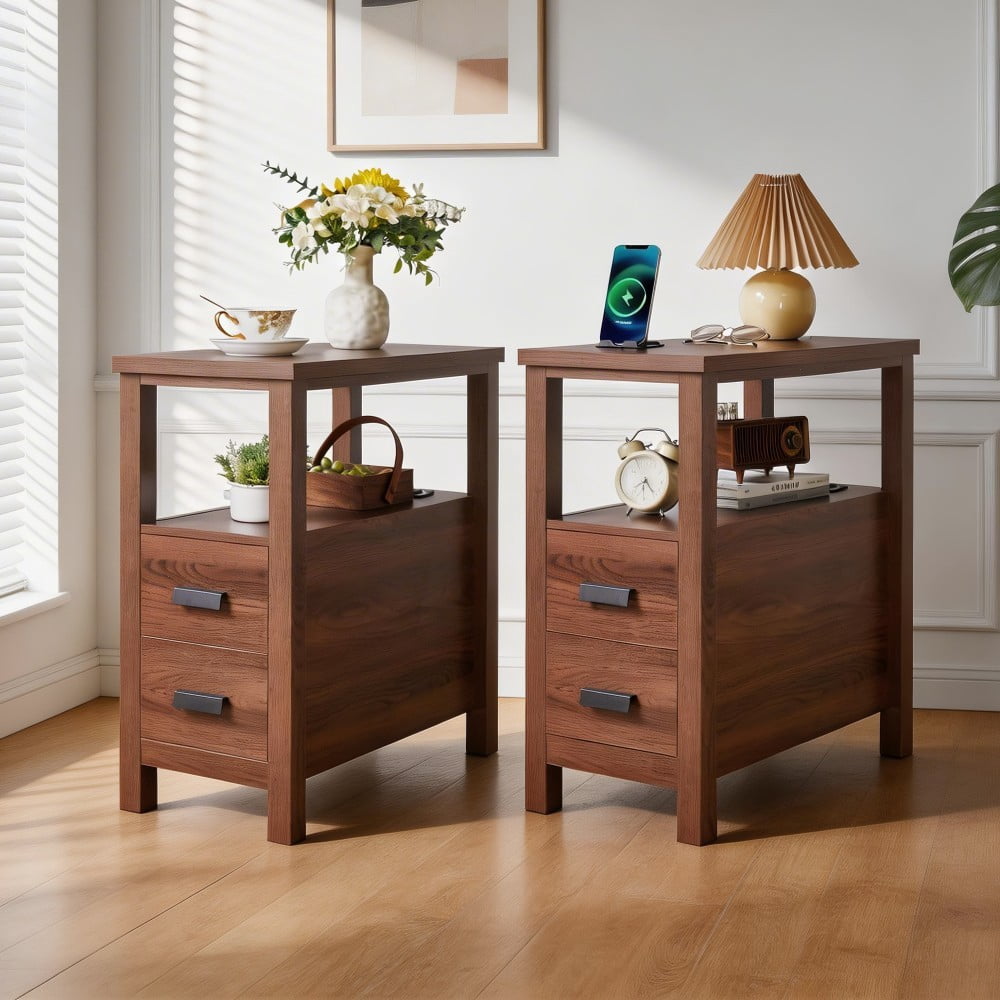 End Table with Charging Station, 2 USB Ports & 2 Outlets, 2-Drawer Nightstand, Small Wood Bedside Table, Rustic Side Table for Bedroom & Office, Walnut