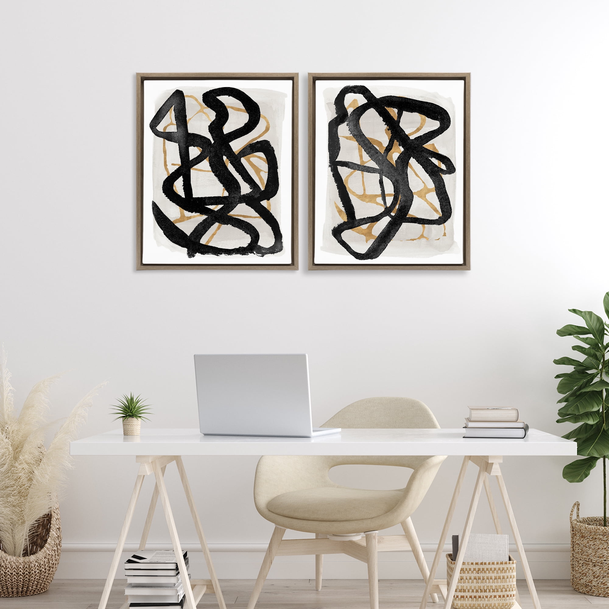 Stupell Industries Contemporary Hindsight Squiggles 2 Piece Brown Framed Floater Canvas Set, design by Lucille Price