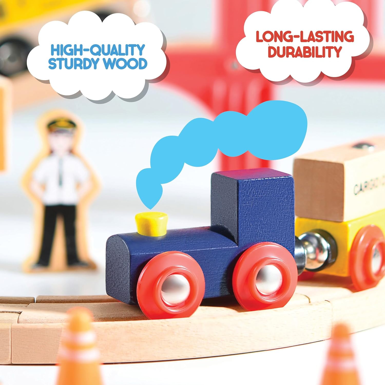 Play22 Compatible Wooden Model Train Track with 1 bulldozer 1 Crane, Wooden, 38 Pieces 11"