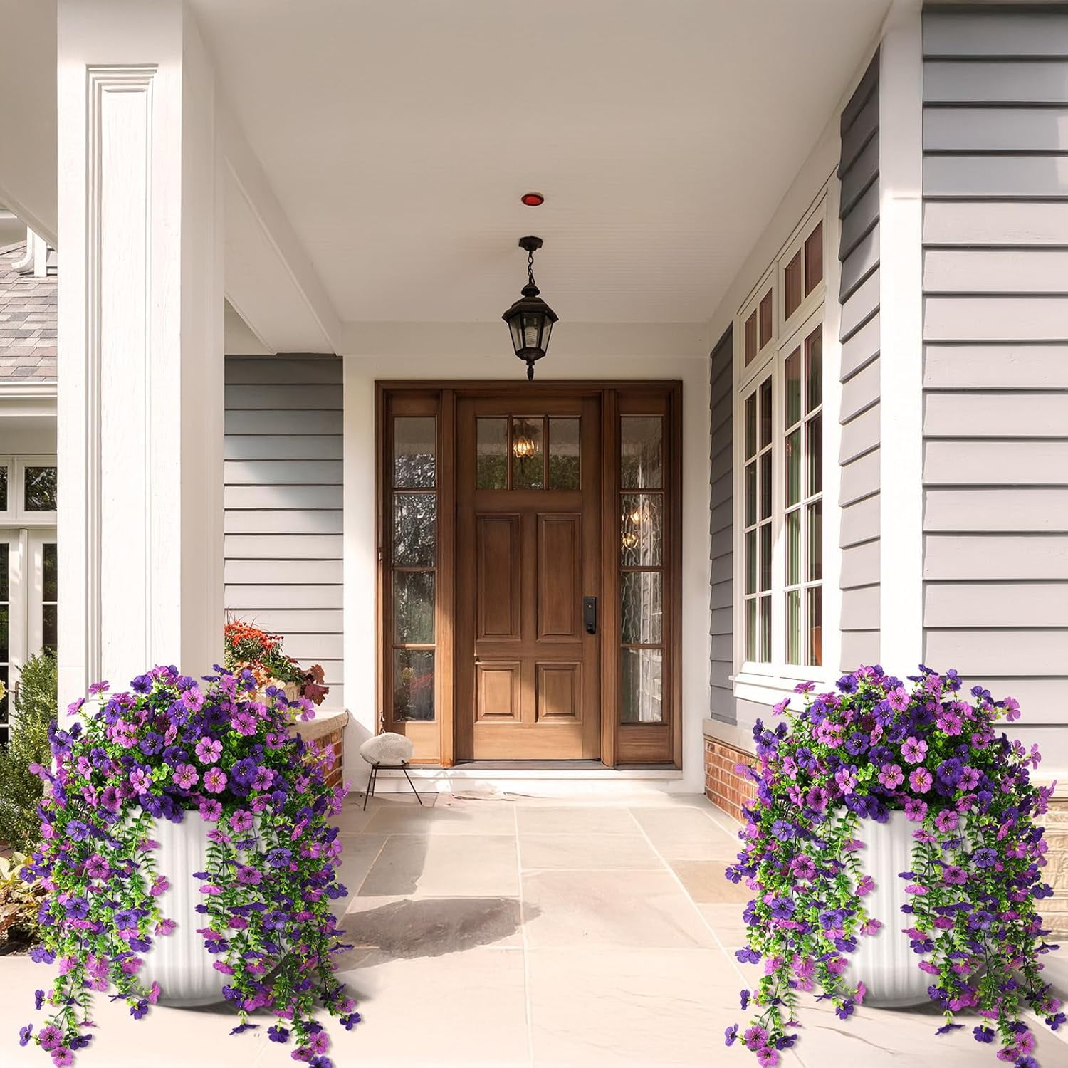 Artificial Hanging Flowers for Outdoors, 2 Pcs Fake Hanging Plant Spring Summer Decor, UV Resistant No Fade Faux Silk Daisy Flower for Planter Front Door Porch Patio Yard Garden(Double Purple)