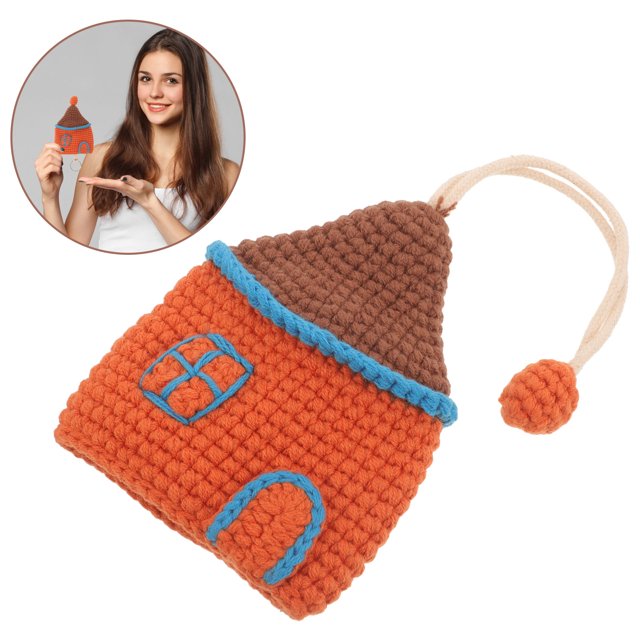 Mobutofu Brown Wool Knitting House Key Cap Protective Cover for Car and Home Keys with Charming Small House Design