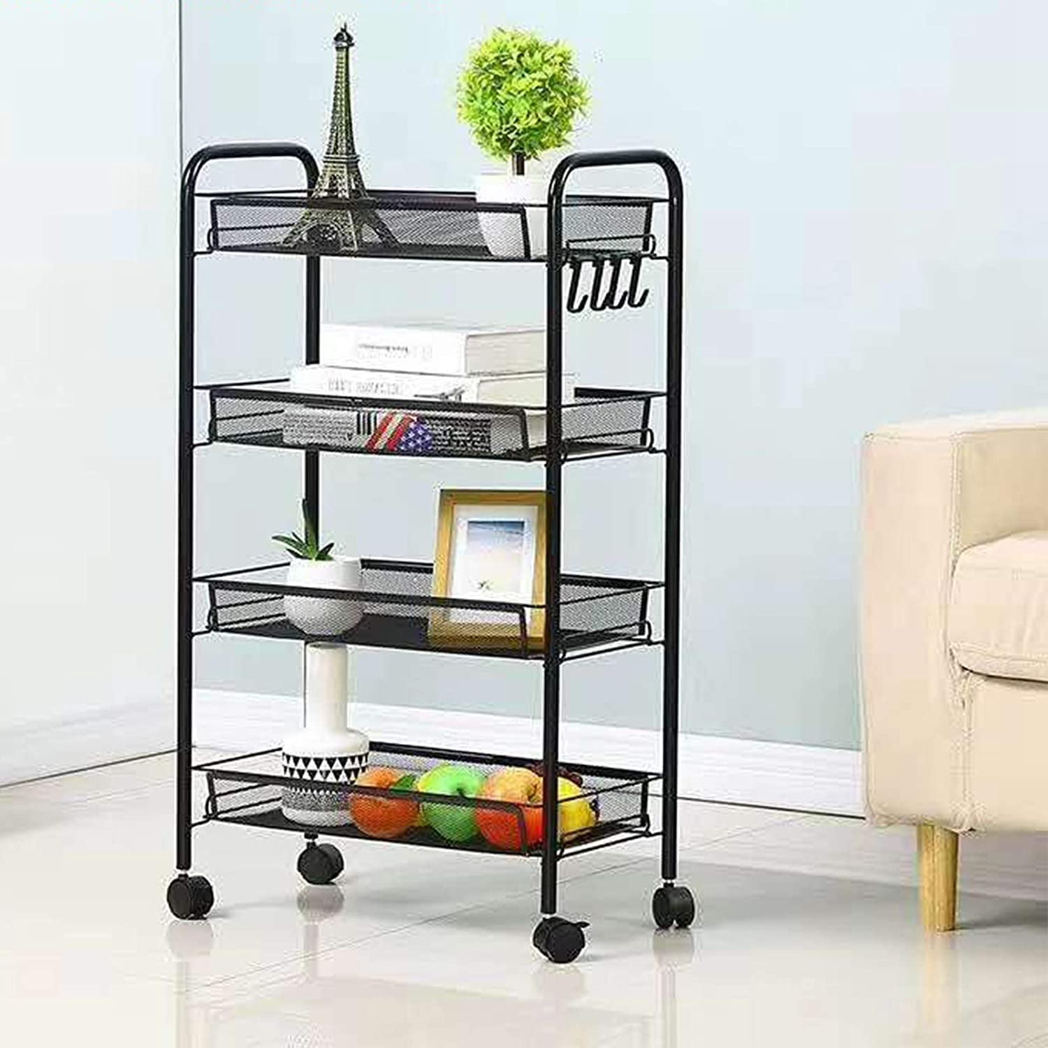 4 Tier Storage Cart, Mobile Shelving Unit with Handle, Rolling Utility ...