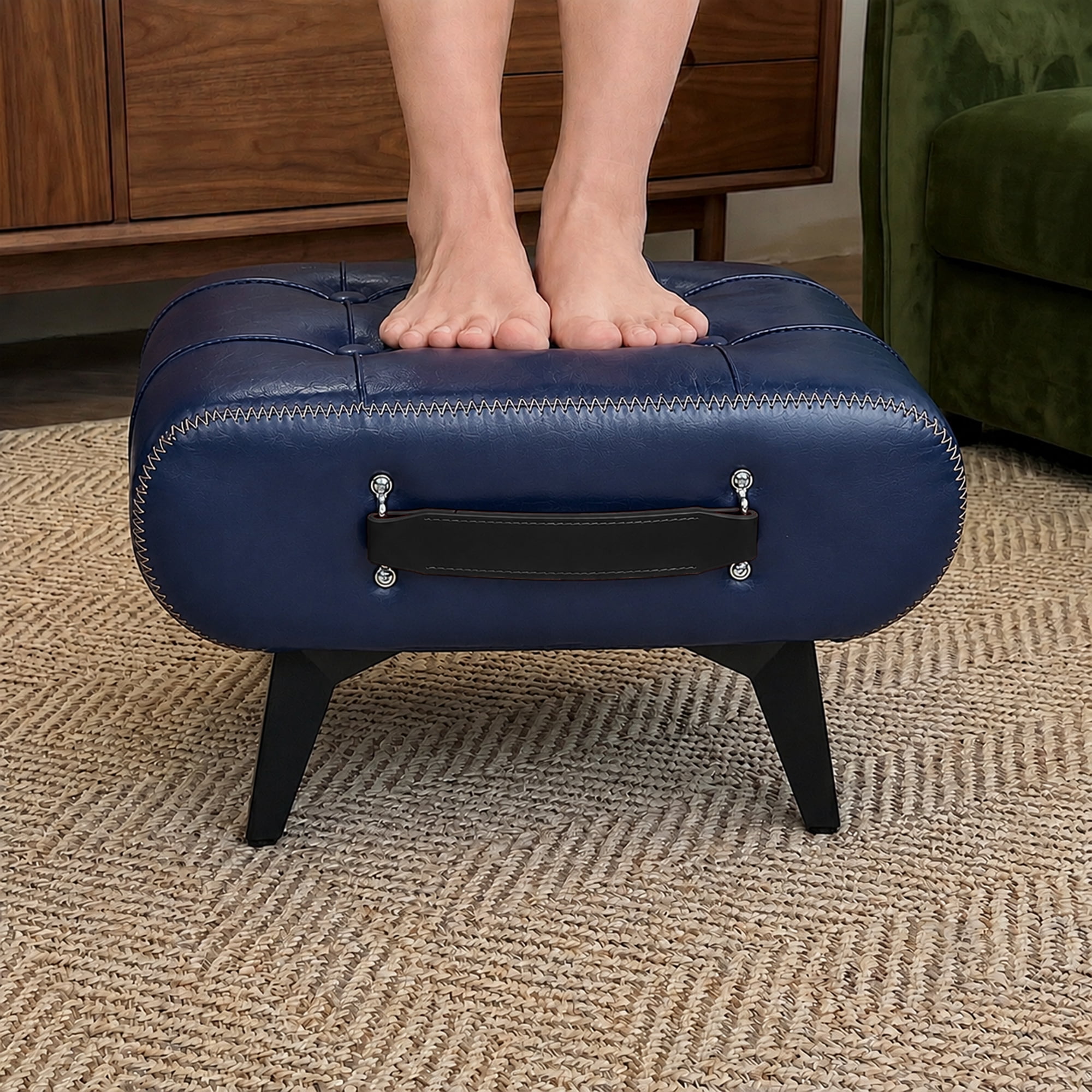 Mintazer Tufted Faux Leather Ottoman Foot Stool with Hidden Storage & Portable Side Handle, Multi‑Purpose Modern Footrest Stool for Living Room Entryway Bedroom, Blue
